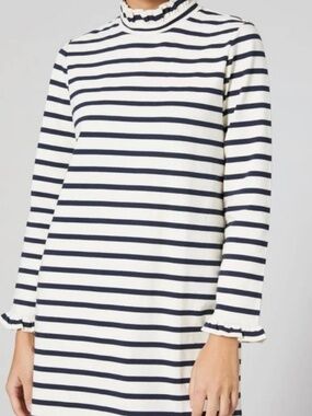 Gorman striped mock-neck shift dress. long sleeve 100% cotton dress
